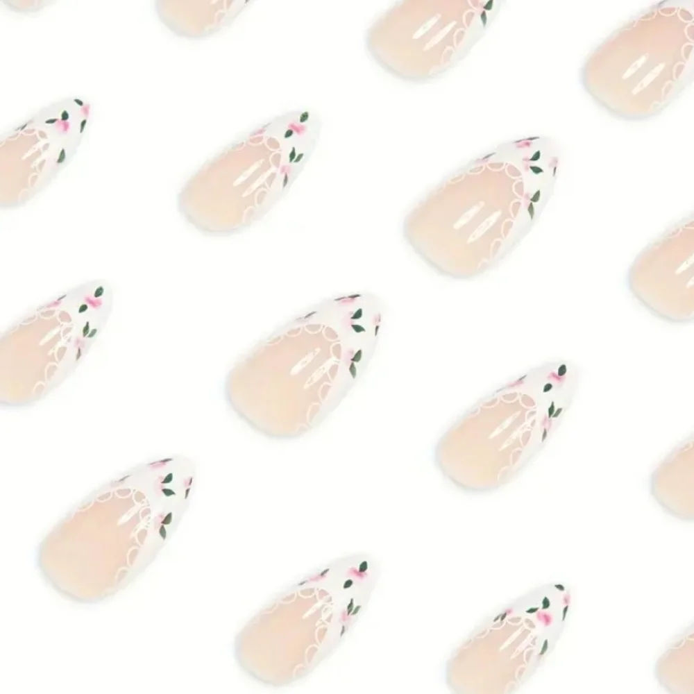 🔥3/$21 Almond shaped French tip Romantic Floral design Press on False Nails